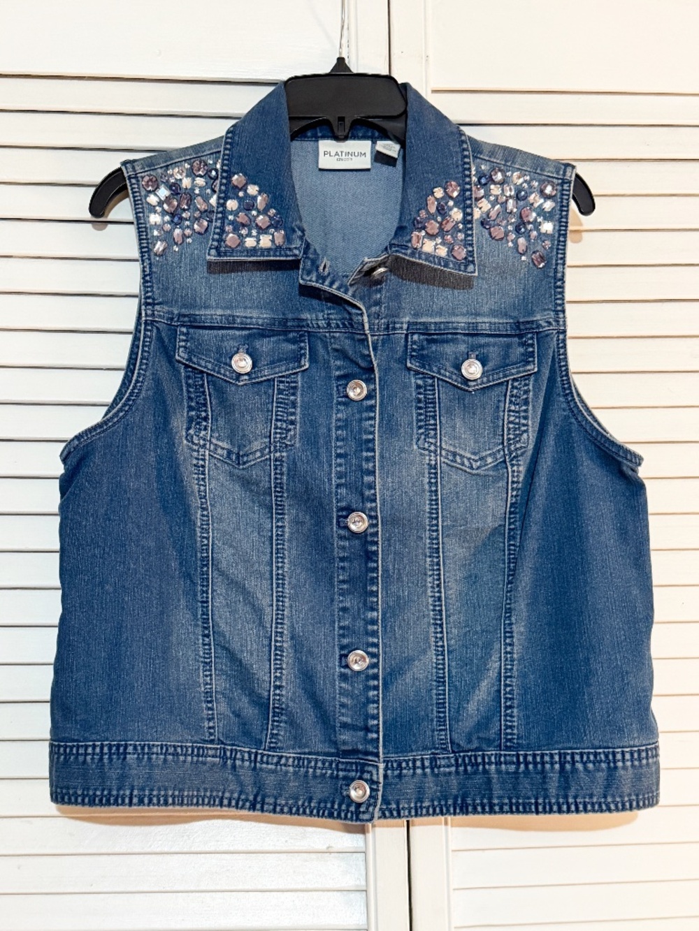 Chico's Platinum Denim Vest - Rhinestones - Size 2 (12) Large - Blue